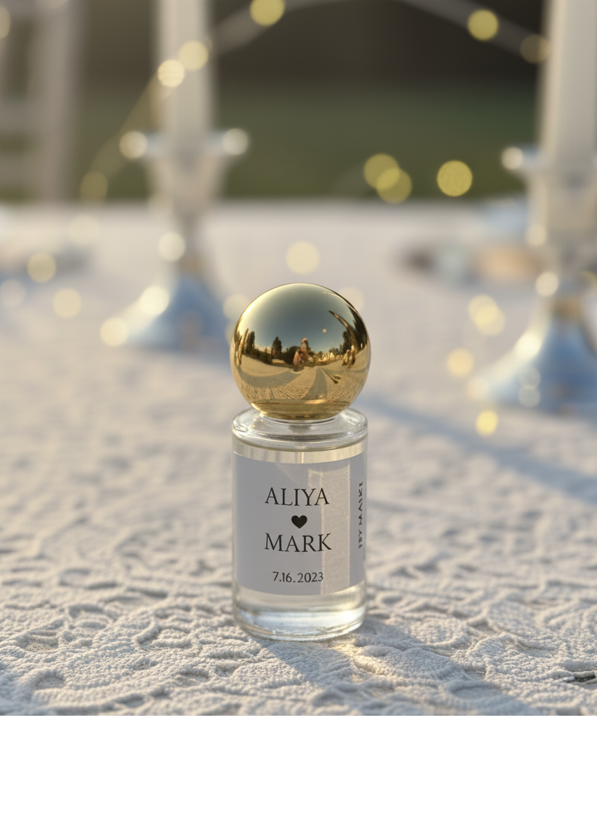 A gold-capped MISKI favor bottle with a custom name label at sunset